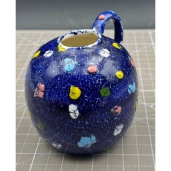 MCM Hand-Painted Blue Ceramic Jug Multicolor Polka Dot Splash - Picture 2 of 5